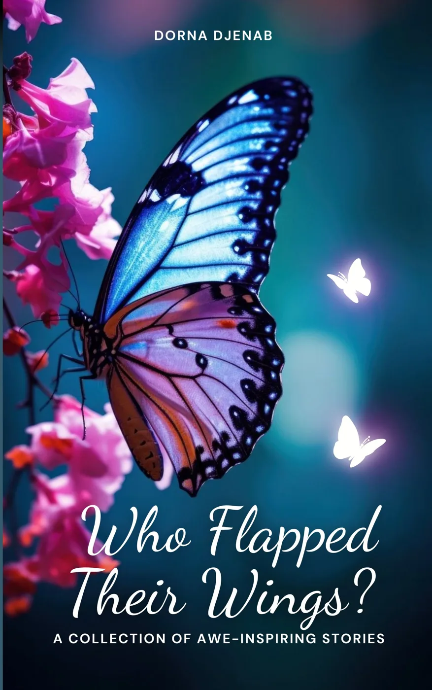 Book cover of Who Flapped Their Wings? by Dorna Djenab, showing a blue butterfly beside pink blossom